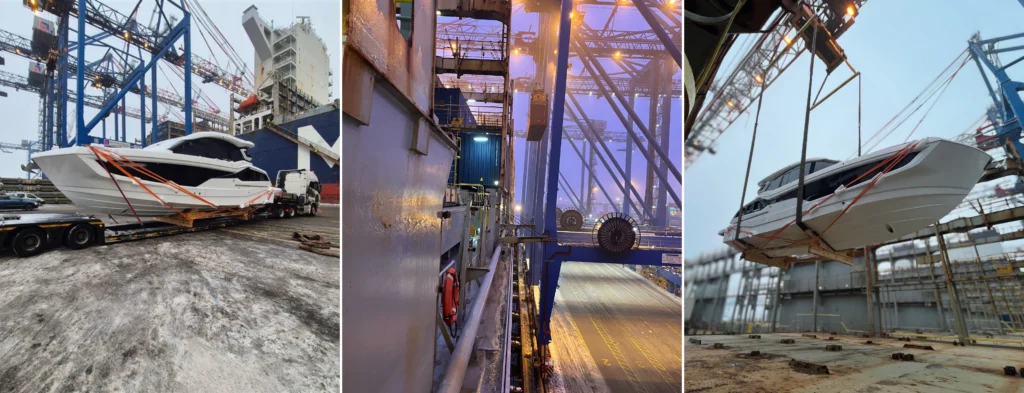 Przeładunek jachtu w porcie. Transport ponadgabarytowy