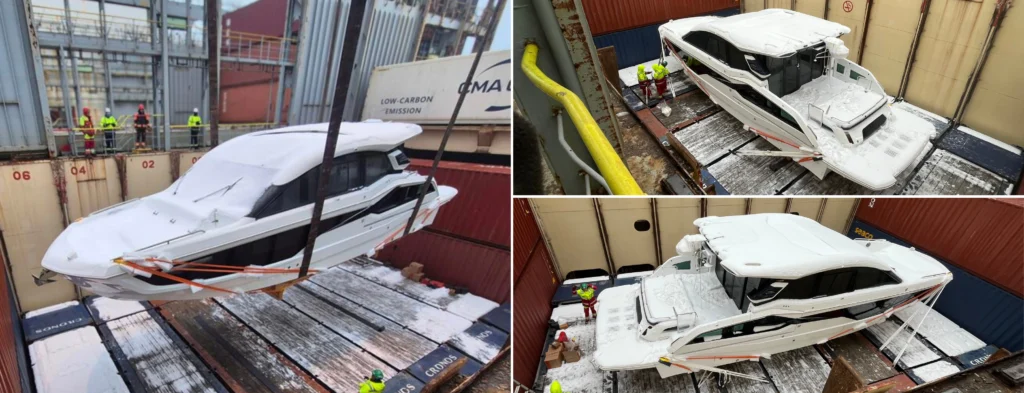 Przeładunek jachtu w porcie. Transport ponadgabarytowy