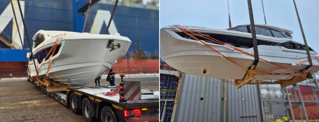 Przeładunek jachtu w porcie. Transport ponadgabarytowy